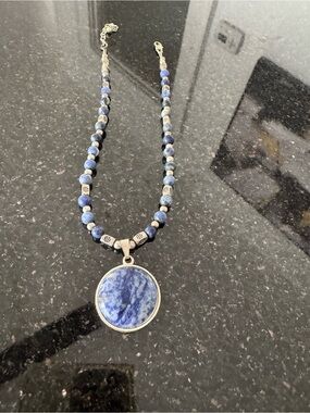 Blue Beaded Pendant Necklace with Round Sodalite Stone